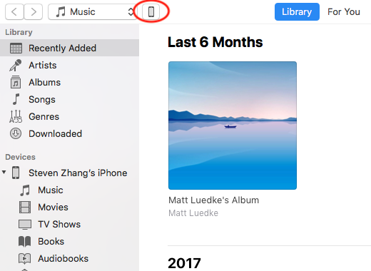 Selecting an iOS device in iTunes