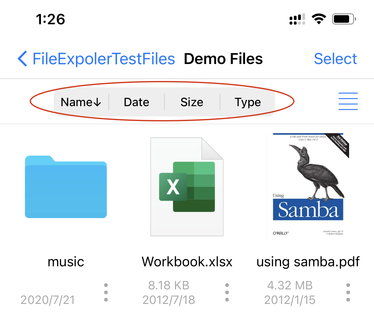 The sort menu in FE File Explorer