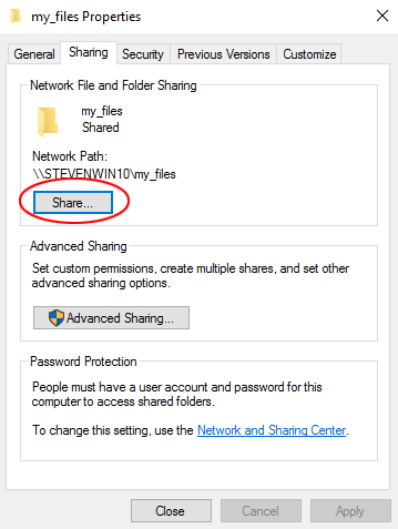 Sharing a folder in Windows 10