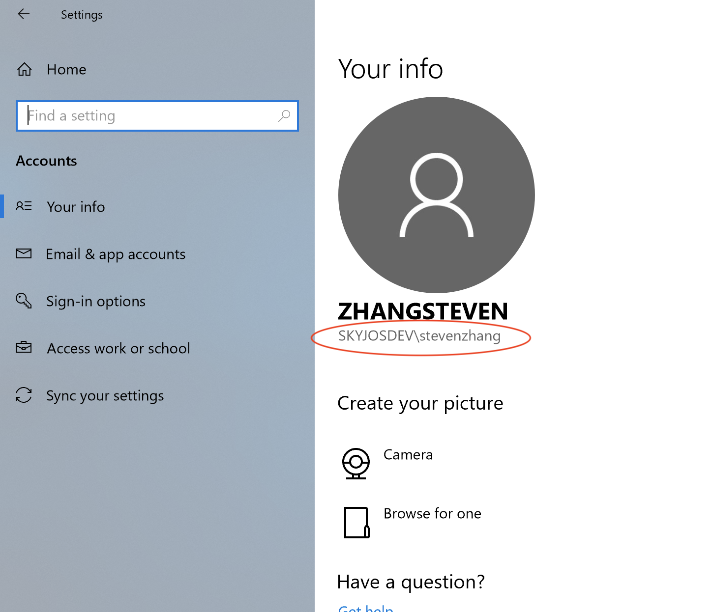 The account name in Windows 10 Settings