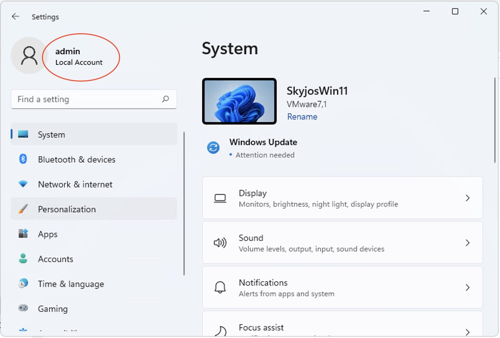 The account name in Windows 11 Settings