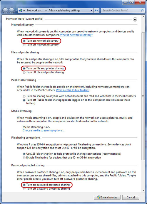 Advanced sharing settings in Windows 7