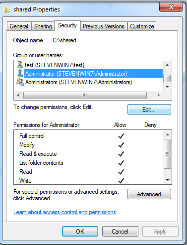 Folder security permissions in Windows 7