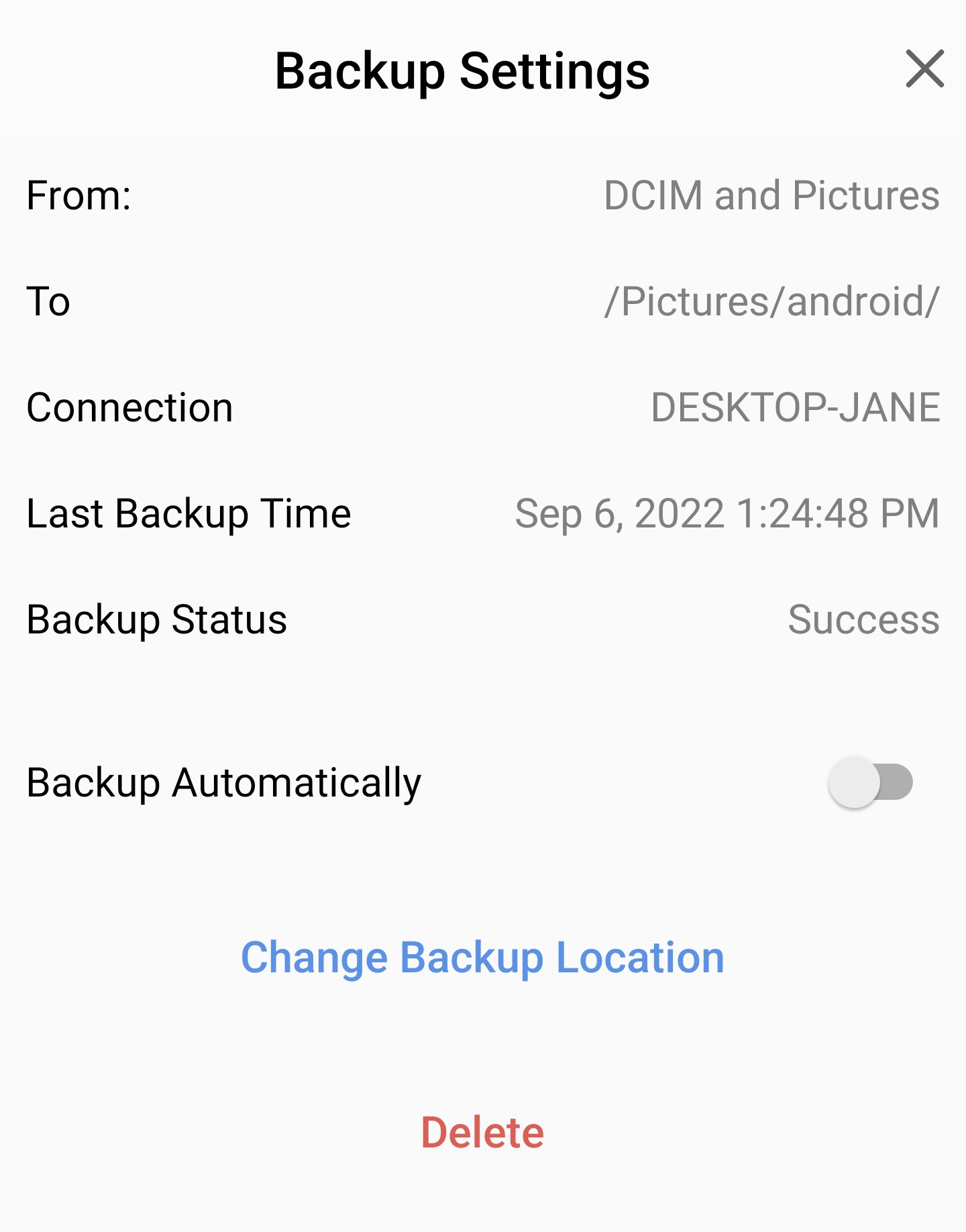Photo backup settings in Owlfiles