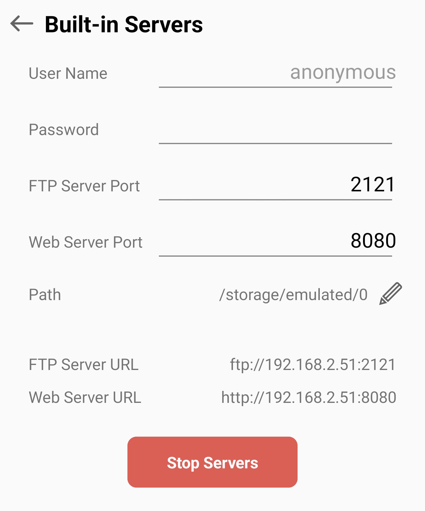 The running FTP server and its connection address