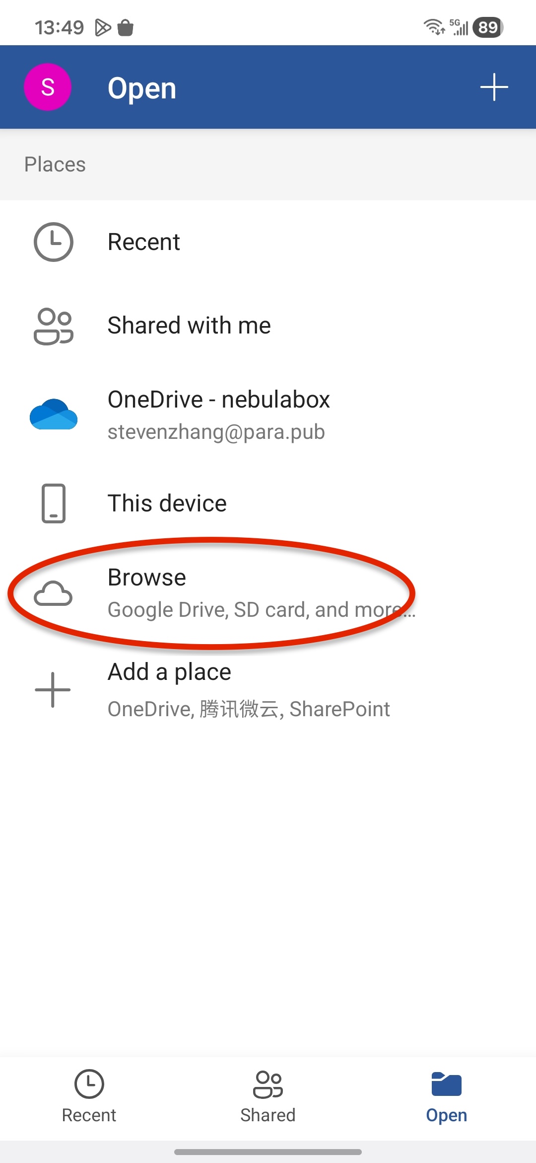 The Browse action in Microsoft Word