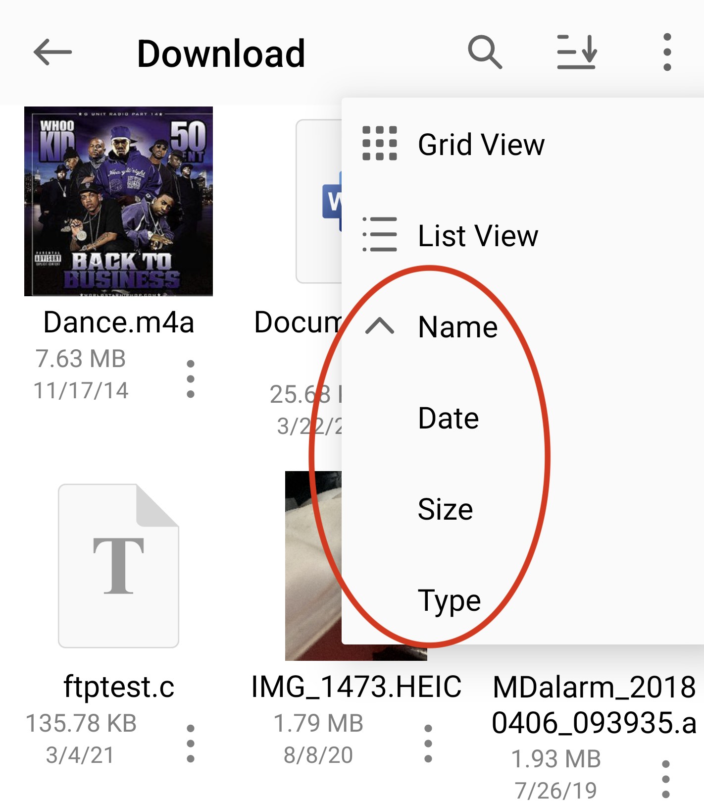 The sort menu in Owlfiles for Android