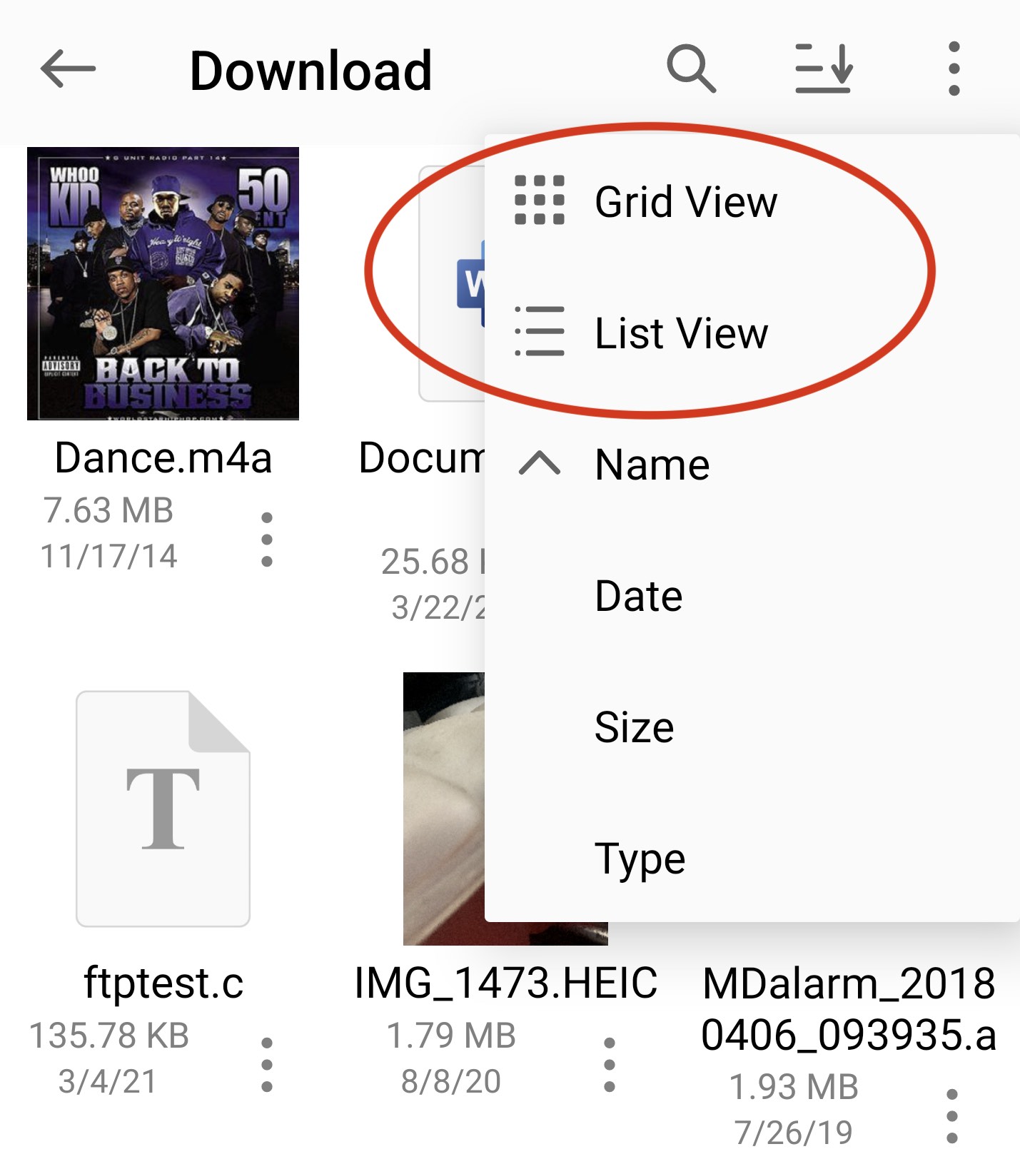The grid and list view controls in Owlfiles for Android