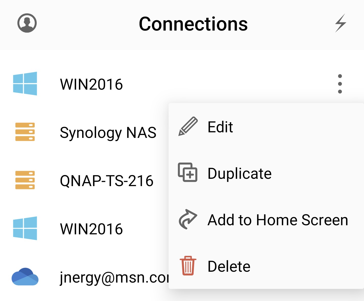 Connection actions in the context menu