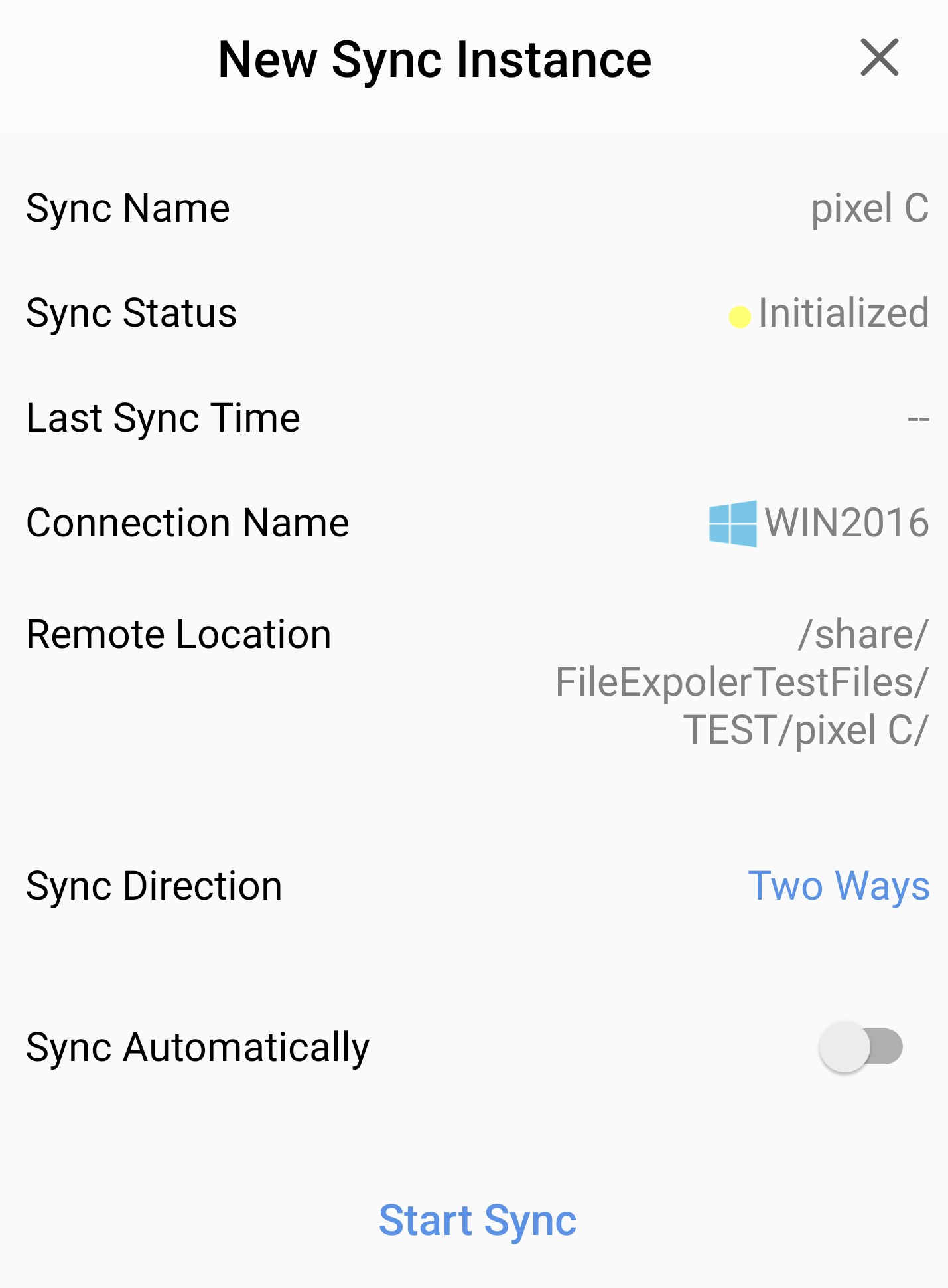 Sync direction and automatic-sync options