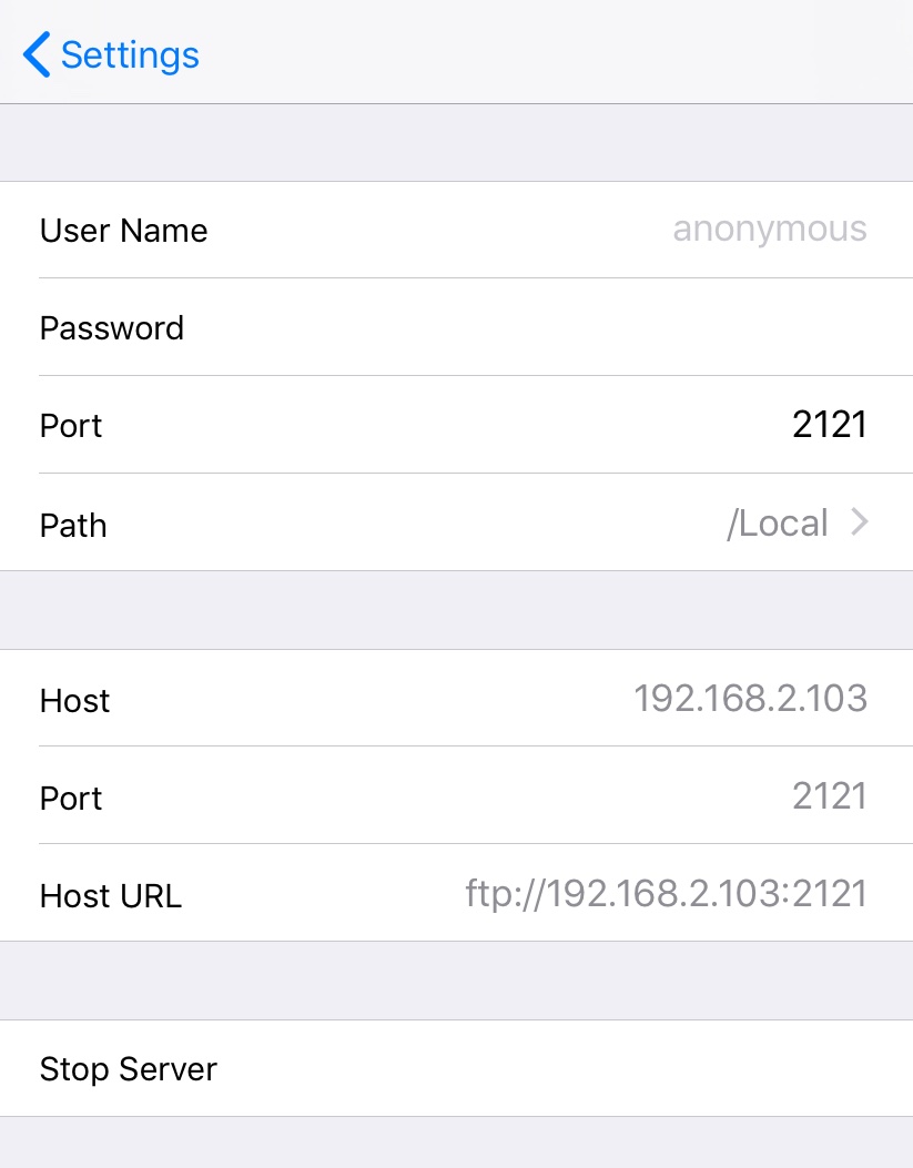 The running FTP server and its connection address