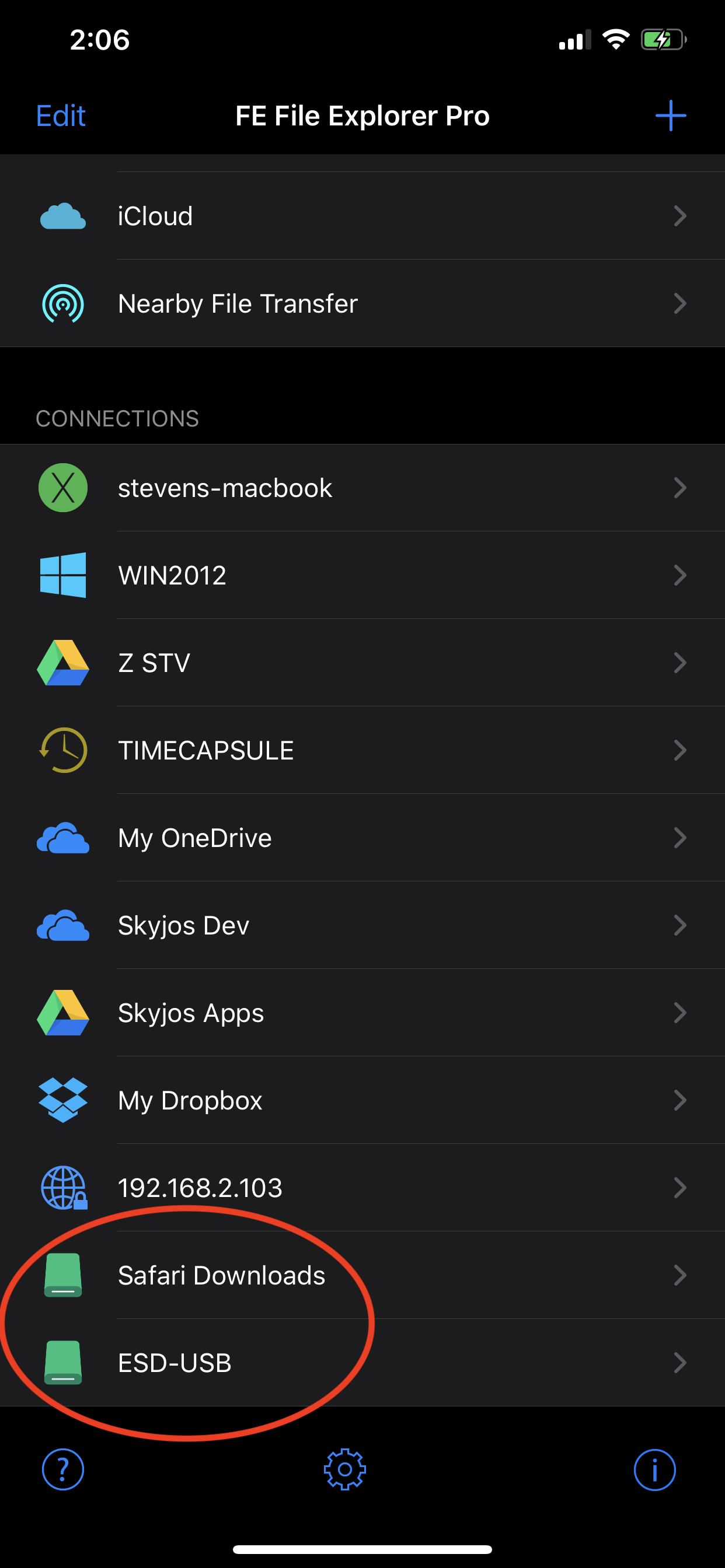 An external drive in the Owlfiles connection list