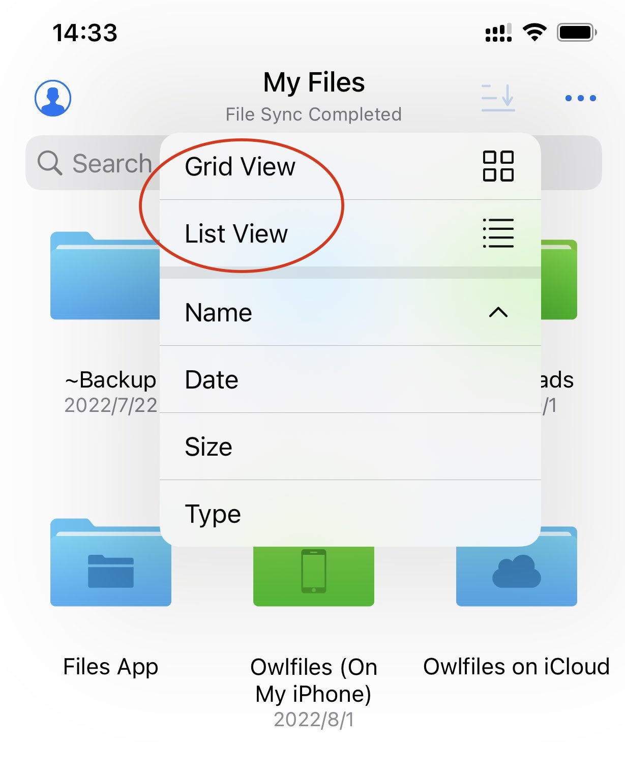 The list and grid view controls in Owlfiles for iOS