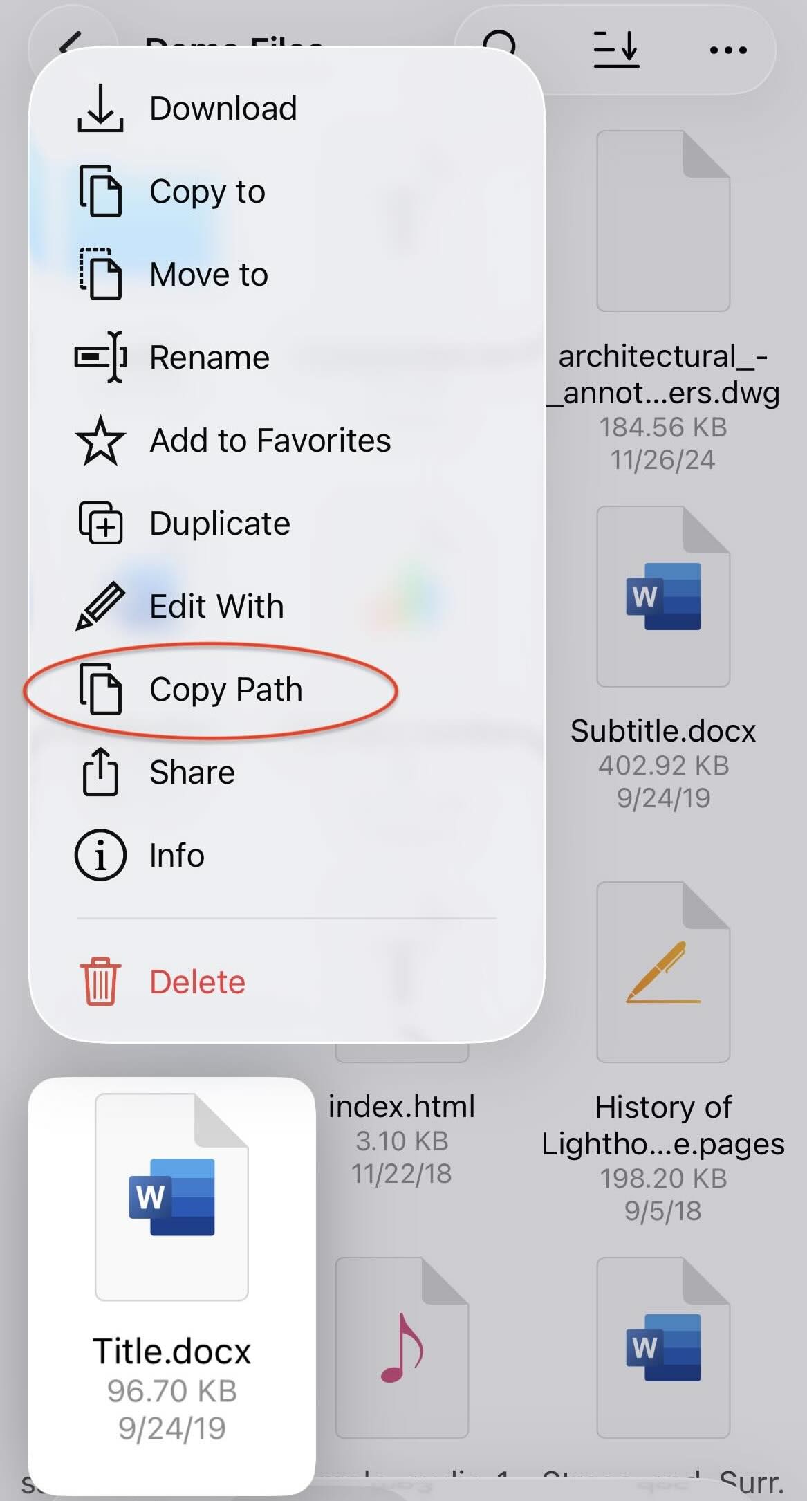 Copying a file path from its context menu