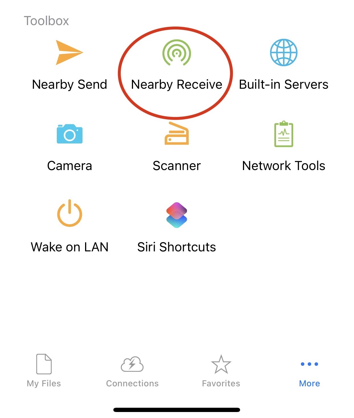 Nearby Receive in the More tab