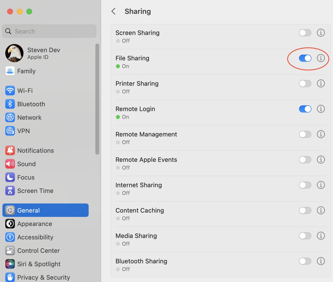 File Sharing in macOS settings