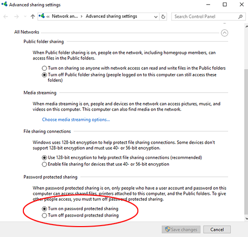 Advanced sharing options in Windows 10