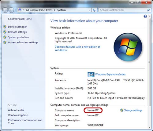 Windows 7 中的电脑名称