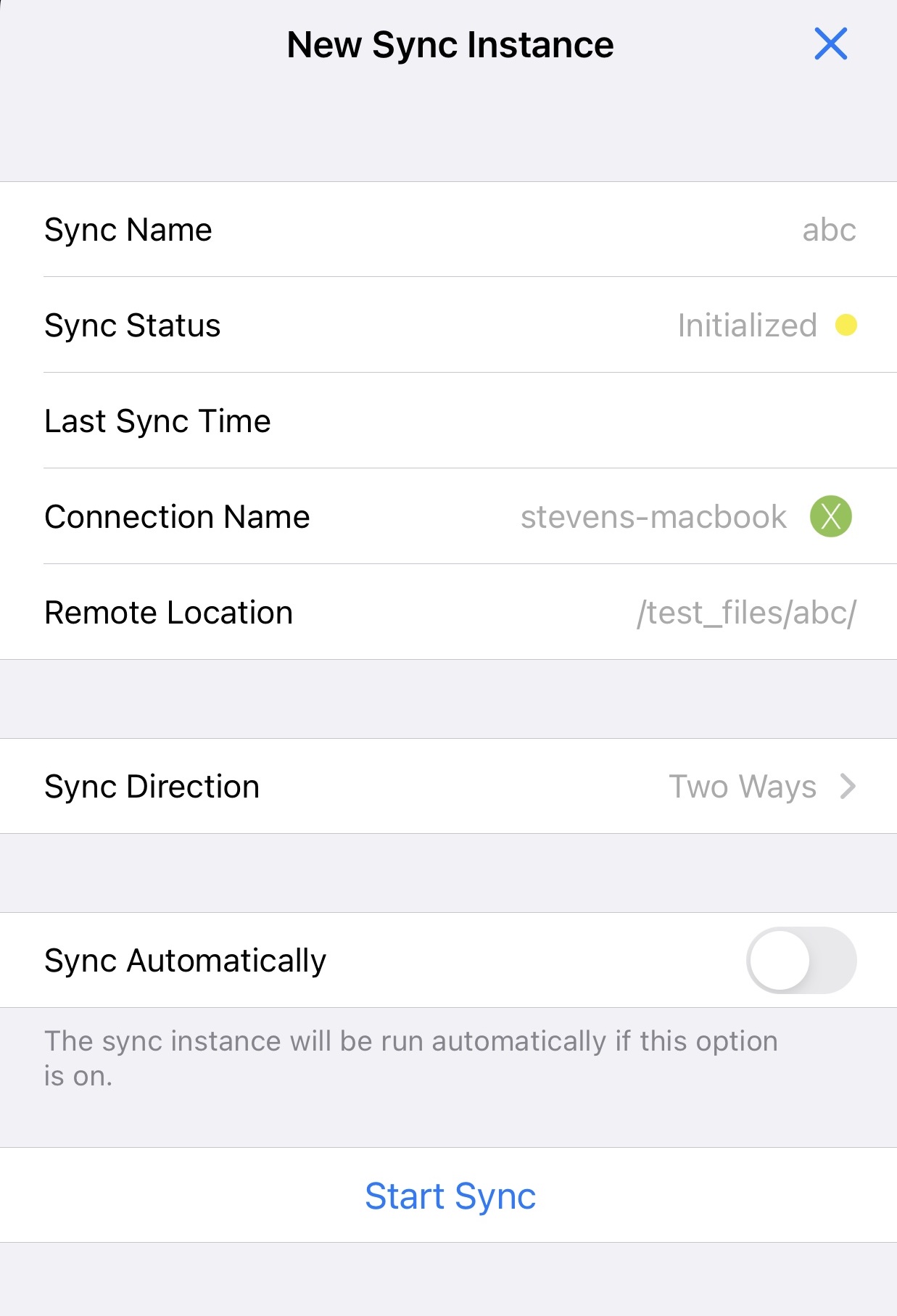 Sync direction and automatic-sync options