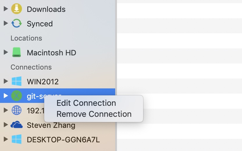 Connection actions in the context menu