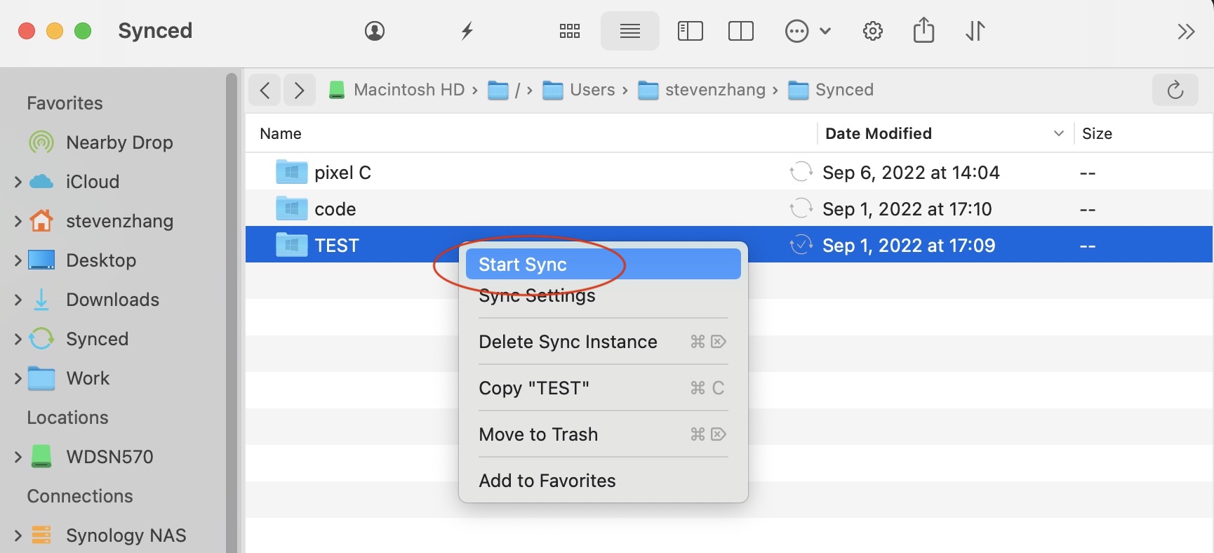 Starting a sync task from its context menu