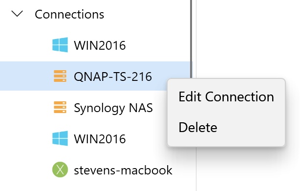 Connection actions in the context menu