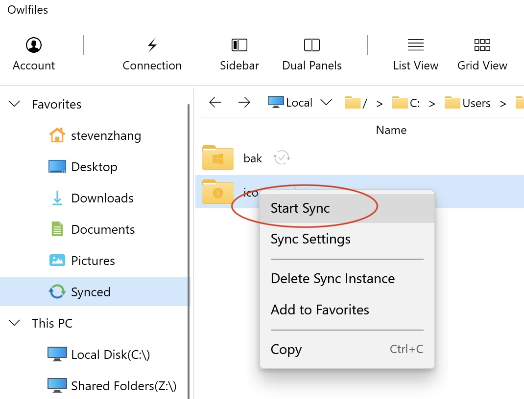 Starting a sync task from its context menu